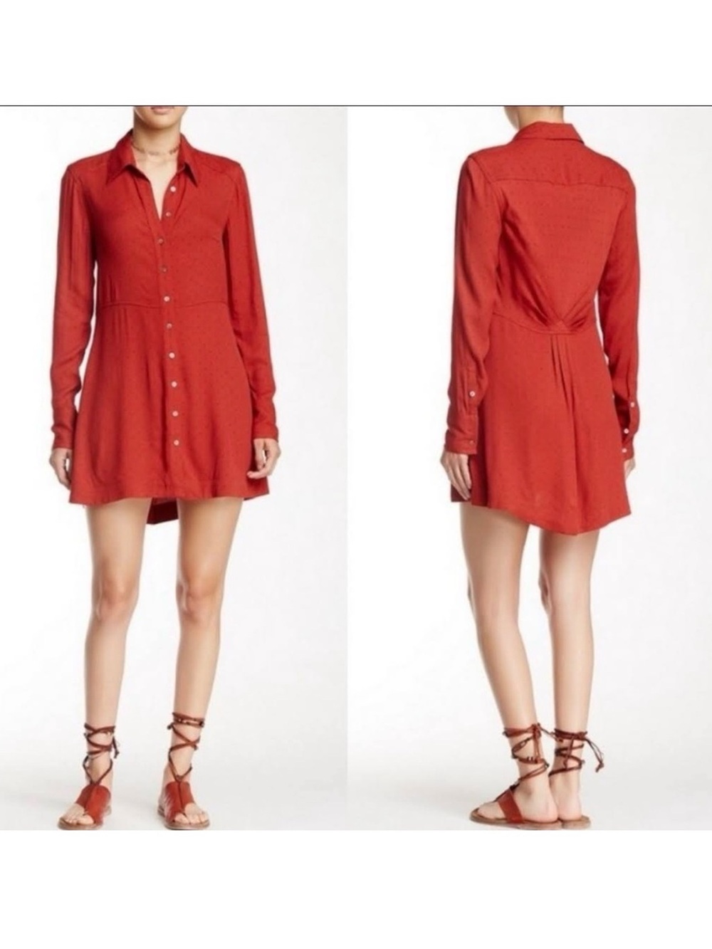 Free People Red Dotted Button Front Shirt Dress Size Medium